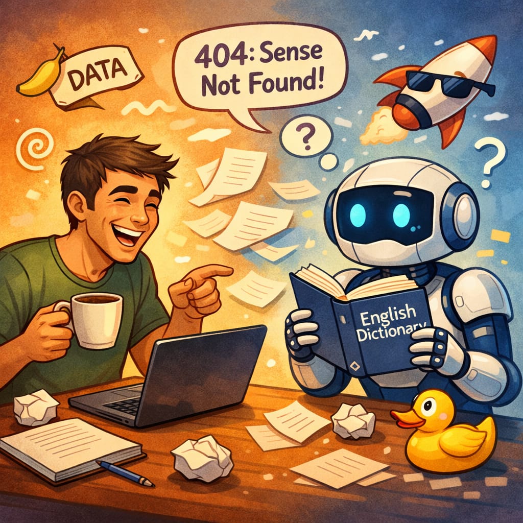 Human writer laughing with coffee while a confused AI robot holds an upside‑down dictionary amid floating humorous symbols.