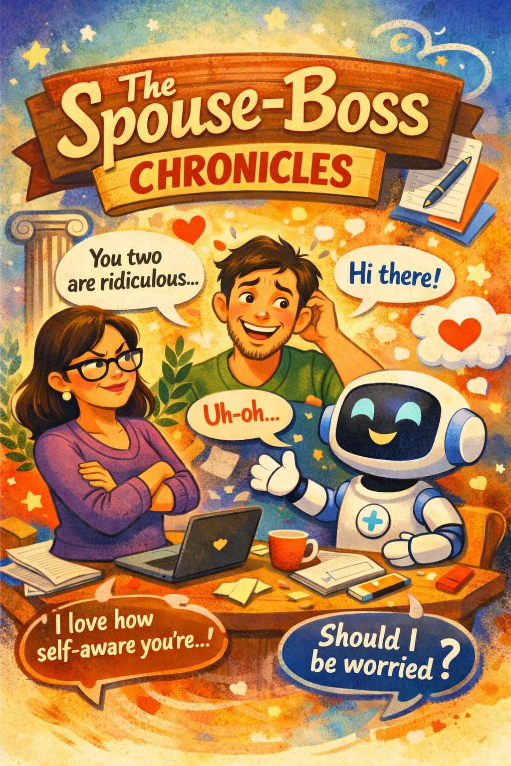 Playful cartoon illustration of a husband, his witty wife, and a friendly robot named Nova exchanging humorous dialogue under a banner reading ‘The Spouse‑Boss Chronicles.