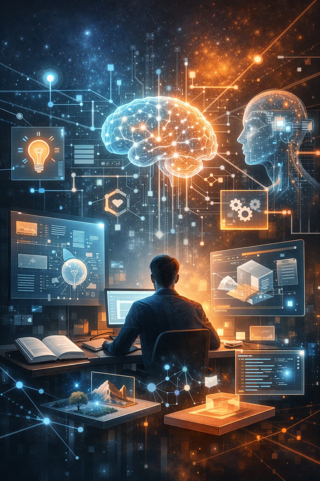 A person working at a desk surrounded by holographic cognitive tools, glowing brain, and AI head symbolizing human‑machine collaboration.