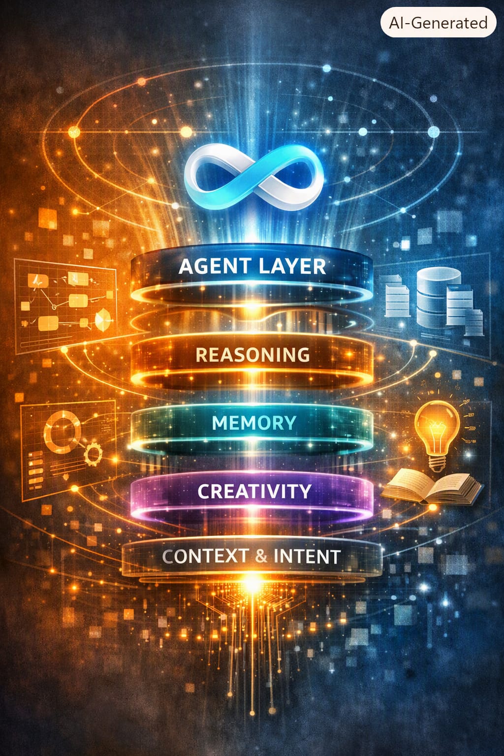 A layered holographic structure showing Copilot’s agent architecture with reasoning, memory, and creativity modules.