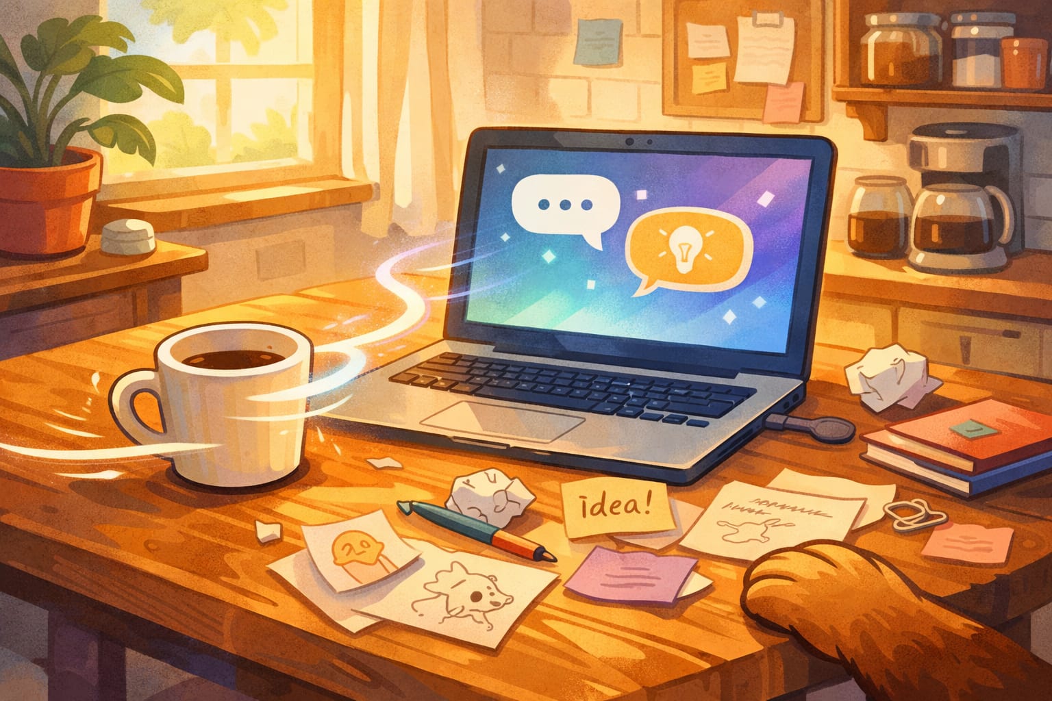 A cozy illustrated morning scene showing a wooden kitchen table with a glowing laptop, a coffee mug being playfully tugged by light, scattered notes and doodles, and a dog’s paw resting nearby.