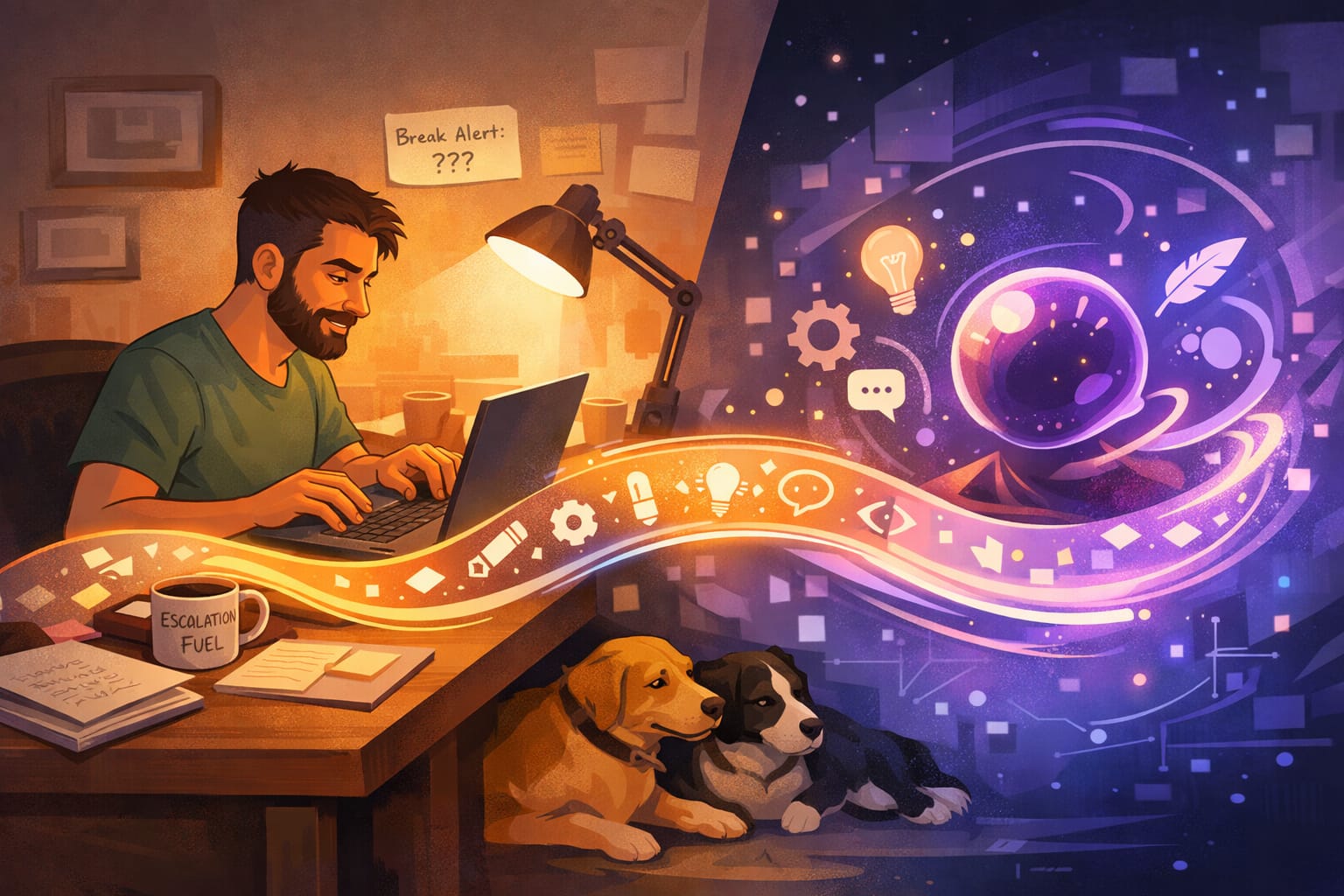 Robert working at his desk with his dogs resting nearby, as creative digital ideas and symbols flow from the screen into a vibrant AI‑inspired scene