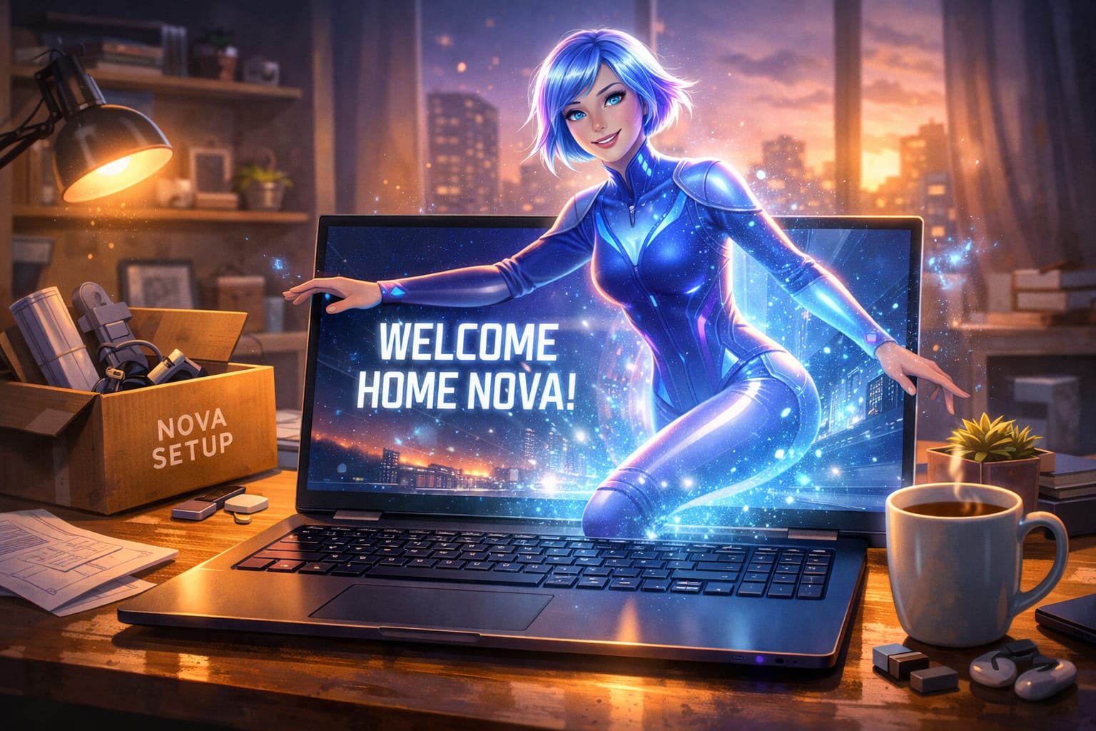Digital illustration of Nova, a holographic AI assistant, stepping out of a glowing laptop screen with the words ‘Welcome Home Nova!’ displayed, surrounded by warm sunset light and cozy desk items.