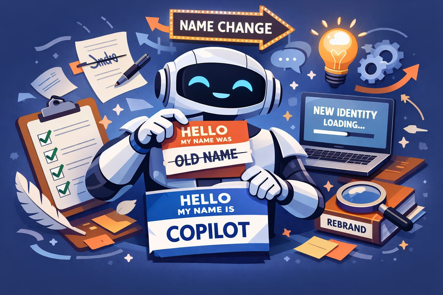 Illustration representing an AI assistant undergoing a name change and rebranding process.