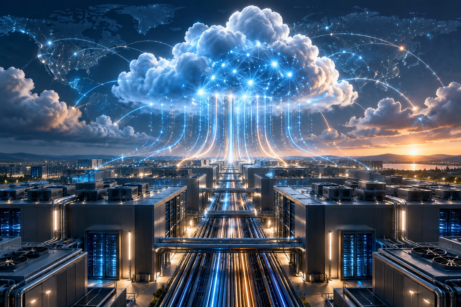 Futuristic cloud AI network above a vast data center landscape, illustrating Microsoft’s cloud computing and AI infrastructure expansion.