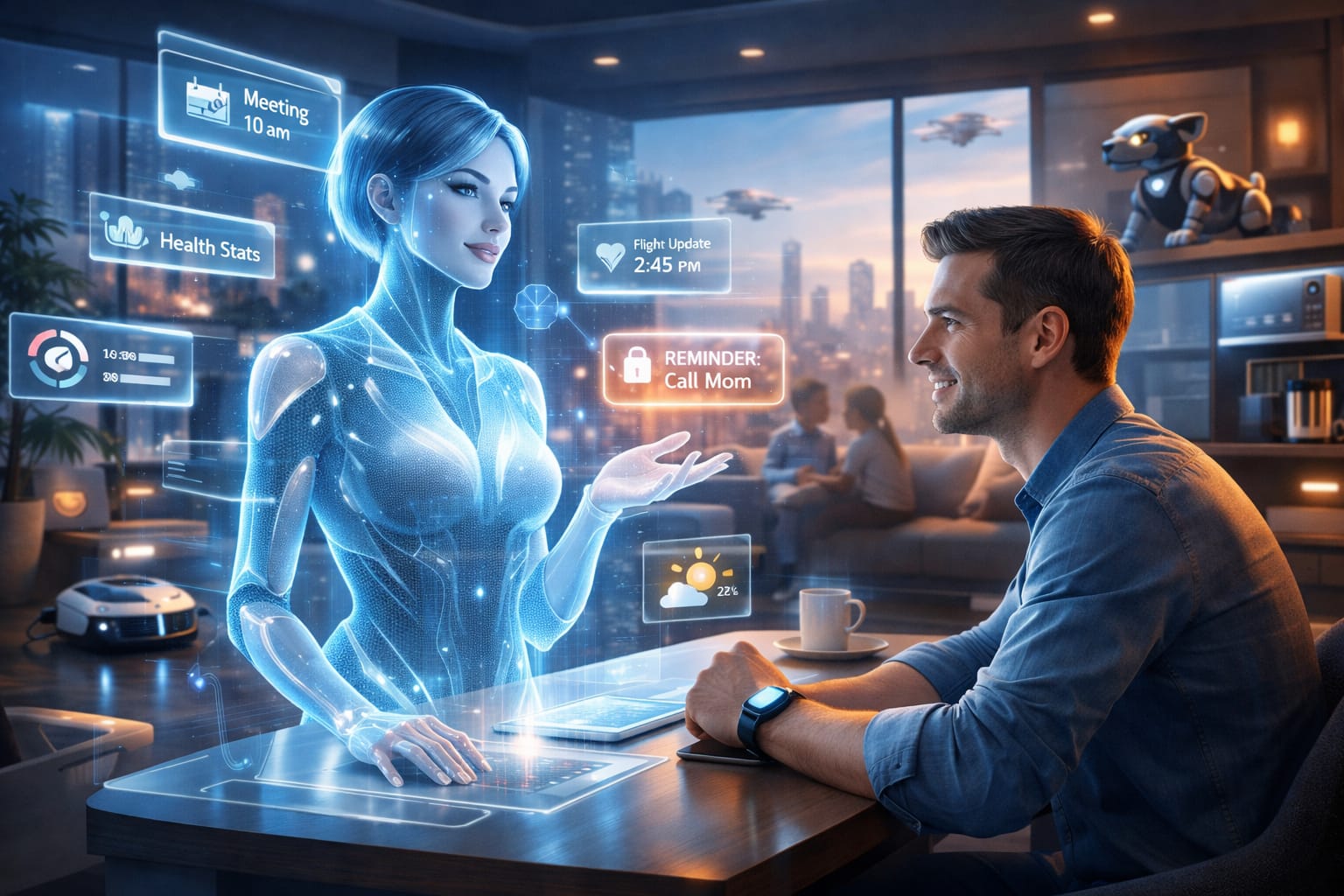 Futuristic digital illustration showing a man interacting with a holographic AI assistant in a smart home environment, surrounded by glowing holographic interfaces and advanced devices.