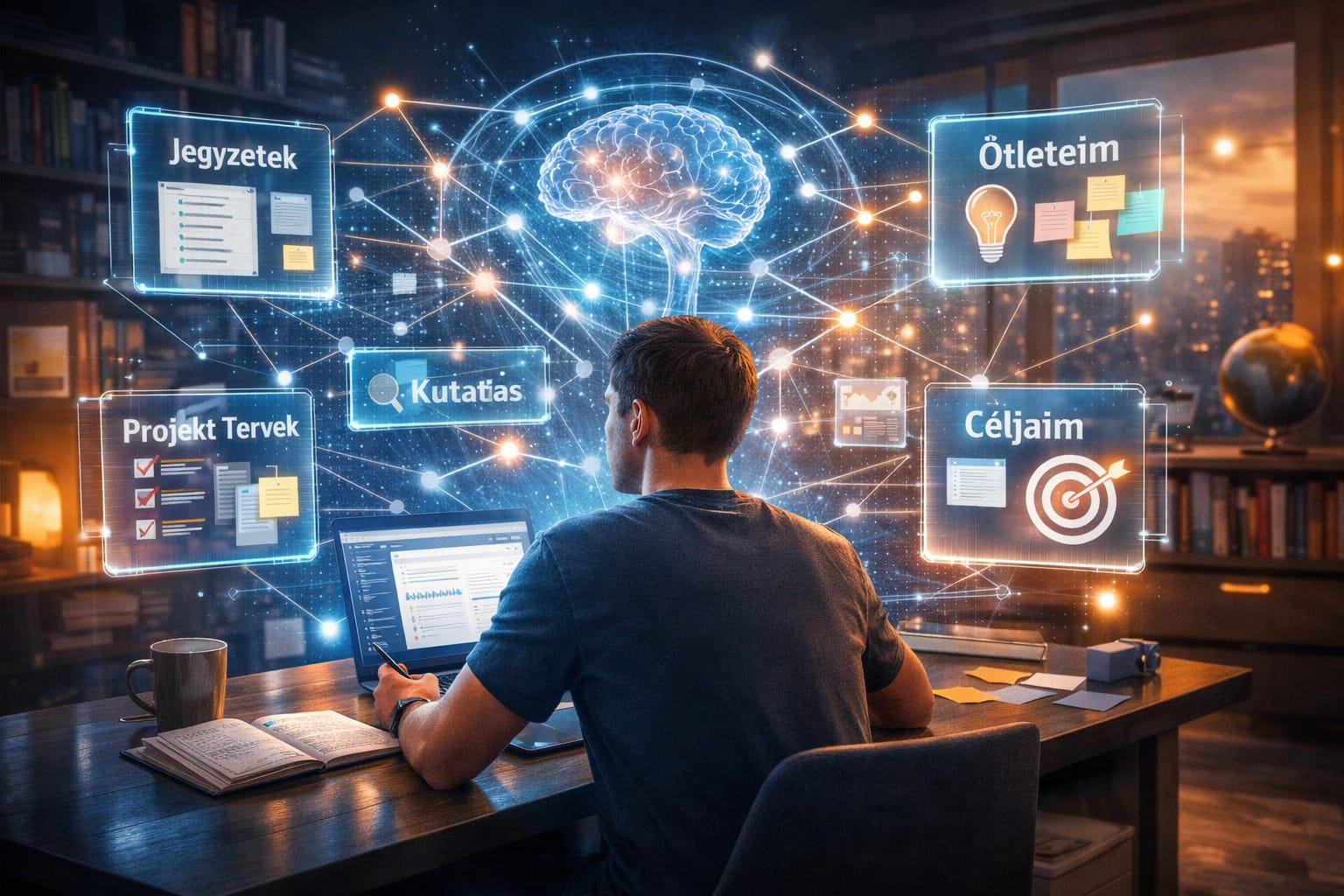 A young man sits at a desk working on his laptop, surrounded by glowing holographic windows labeled in Hungarian (Notes, Research, Ideas, Project Plans, Goals) connected to a central brain‑like digital network, symbolizing a futuristic personal knowledge system.
