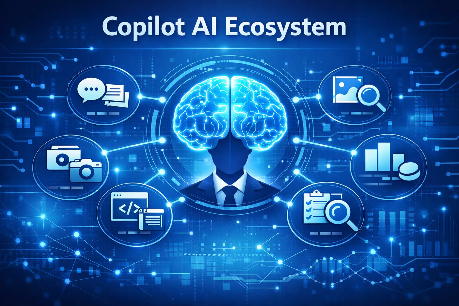Illustration showing Microsoft Copilot AI ecosystem with central brain and connected models and agents.