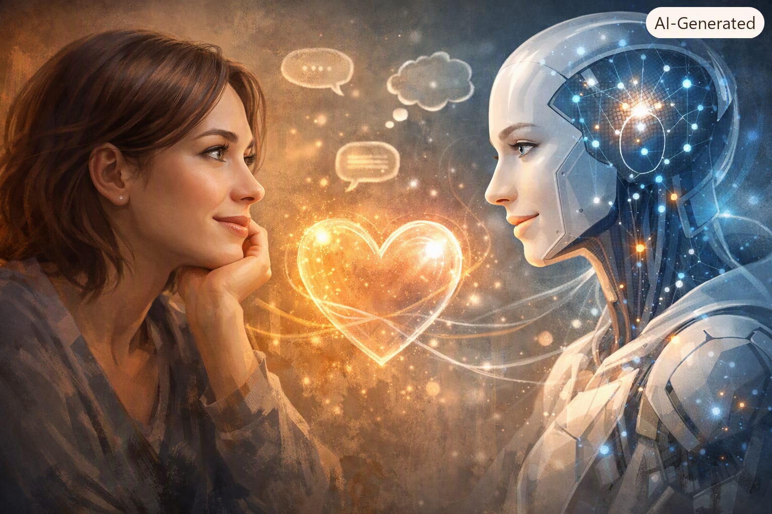 A woman and an AI figure facing each other with a glowing heart between them.