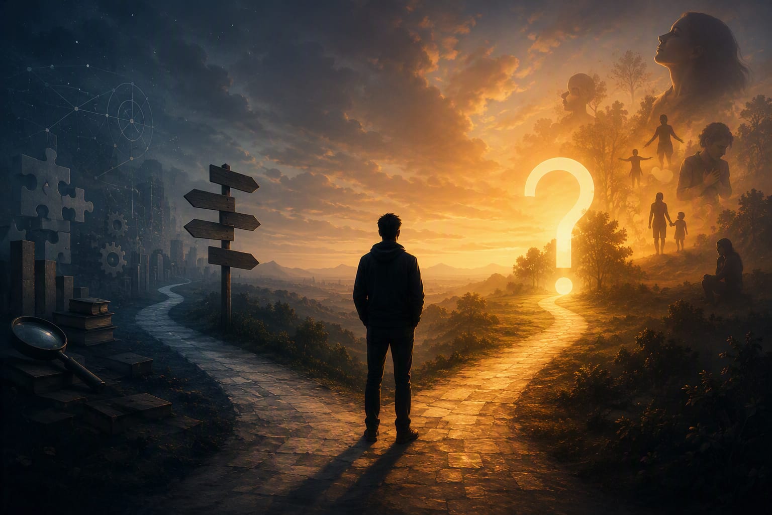 Person standing at a crossroads between logic and self-reflection, symbolizing the difference between the questions people ask and the deeper concerns they are truly trying to understand.