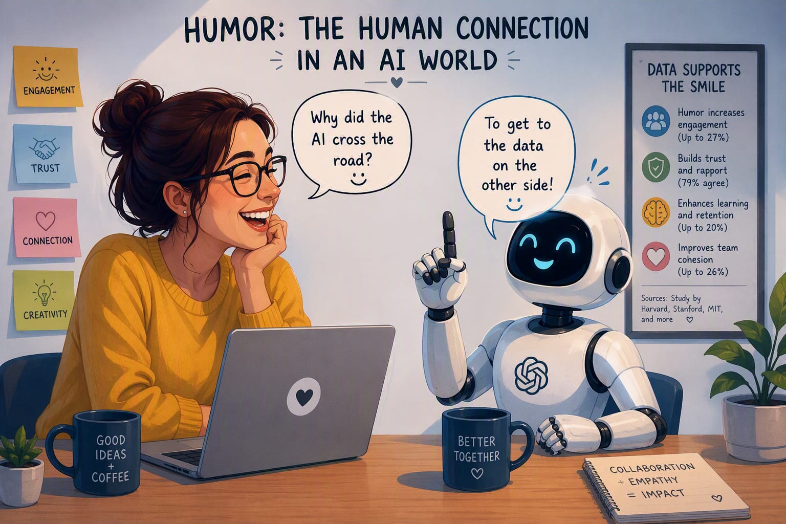 A person and a friendly AI robot sharing a joke while collaborating at a desk, illustrating humor, engagement, and trust in human-AI teamwork.