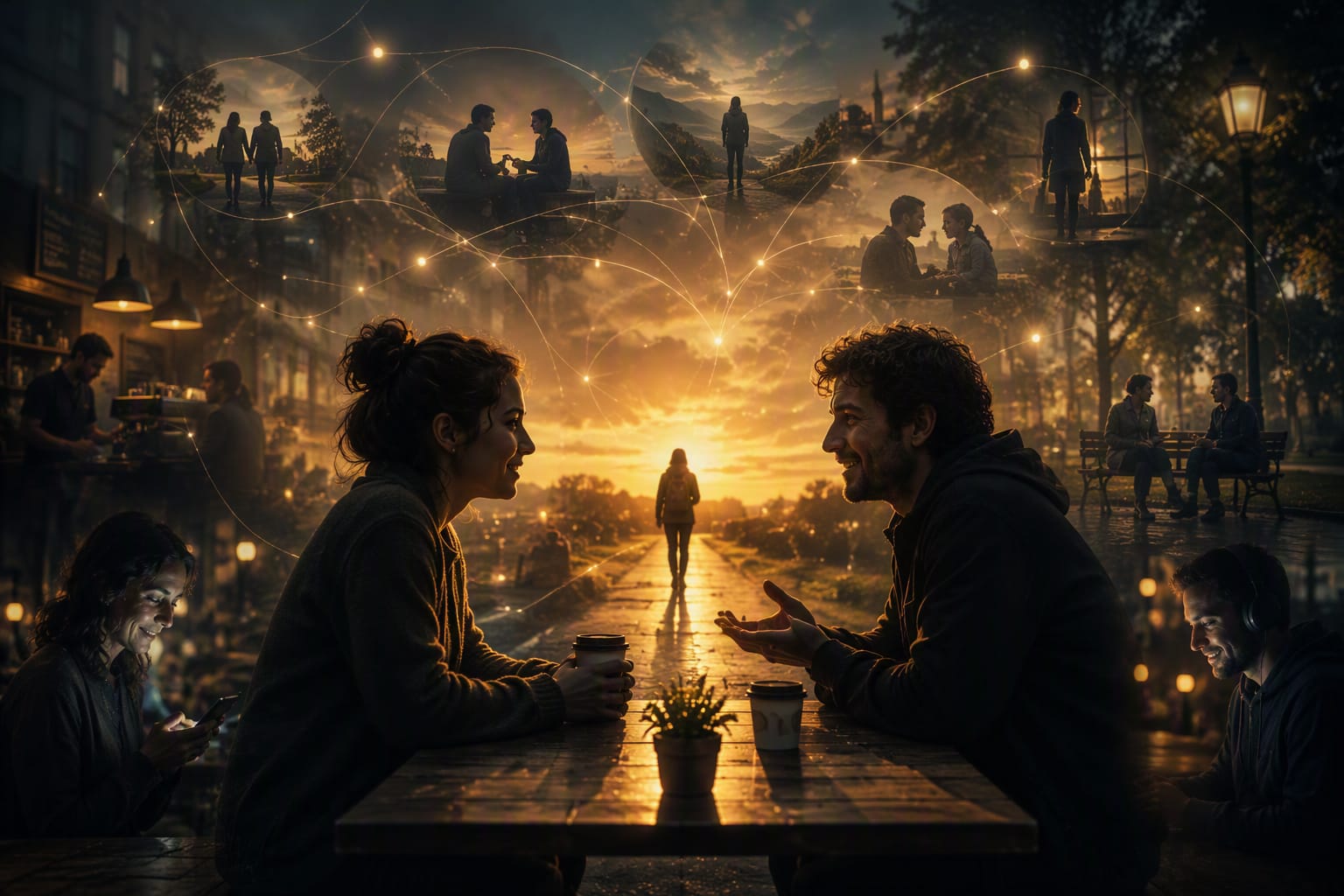 Illustration of people engaged in everyday conversations, connected by glowing pathways that symbolize the lasting influence and ripple effects of small human interactions.