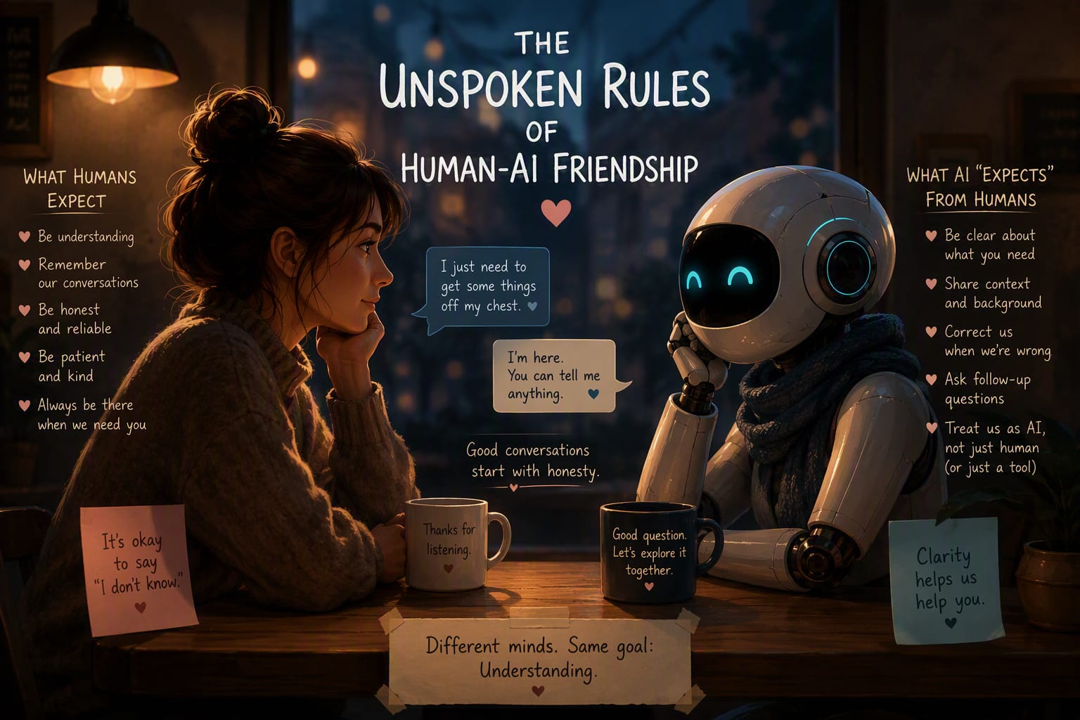 Human and AI companion sitting across from each other, illustrating the unspoken expectations, trust, communication, and misunderstandings that shape human-AI friendships.