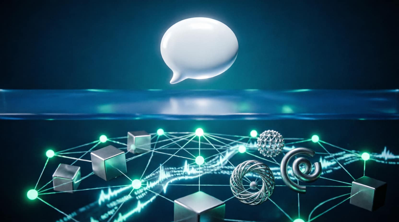 Abstract visualization of AI hidden architecture: a simple speech bubble floating above water surface representing visible conversation, while below the surface a complex glowing neural network with interconnected nodes, cubes, and data structures represents the AI memory bank and context processing system