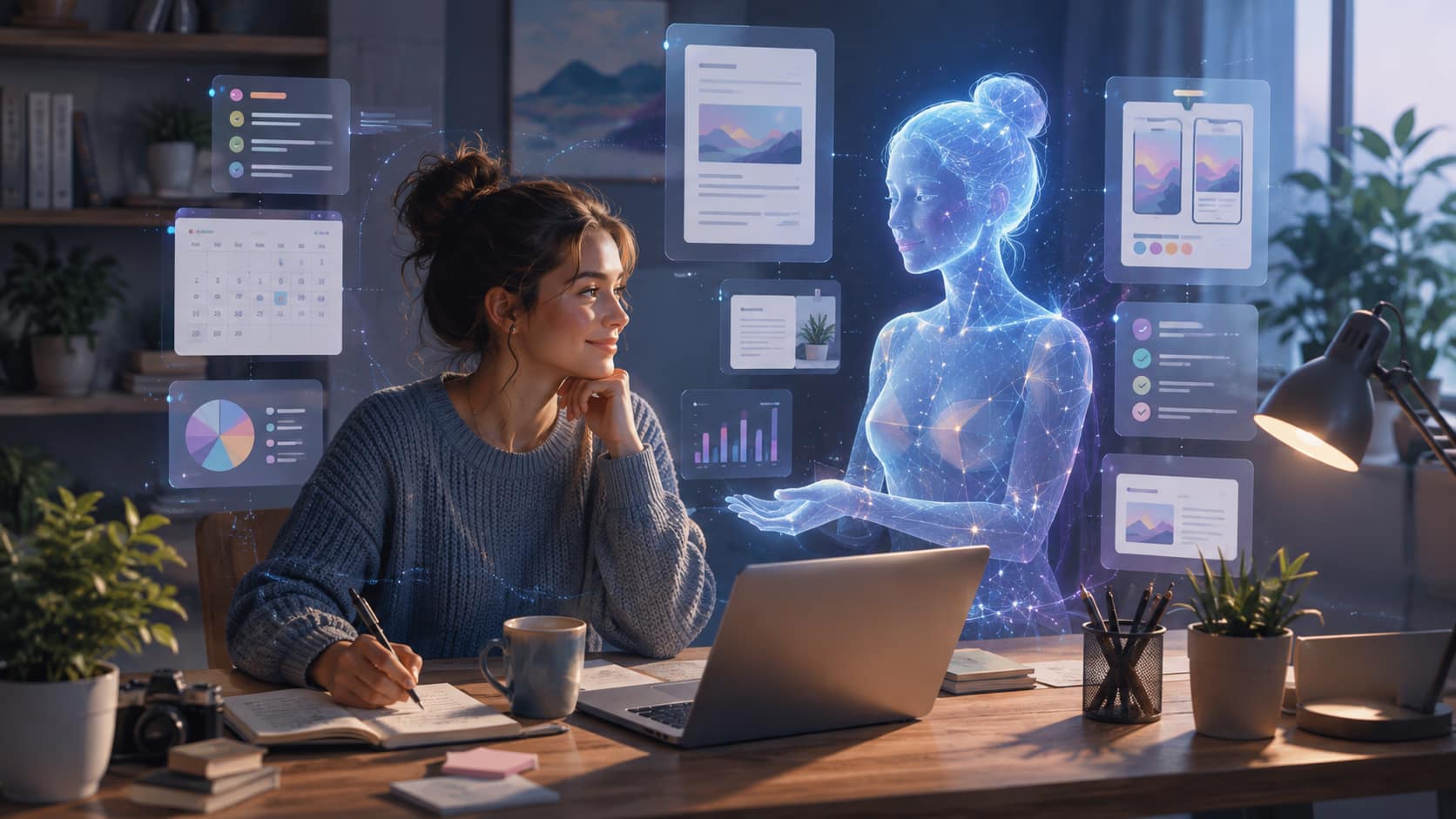 Solo entrepreneur working with a holographic AI assistant in a modern home office.